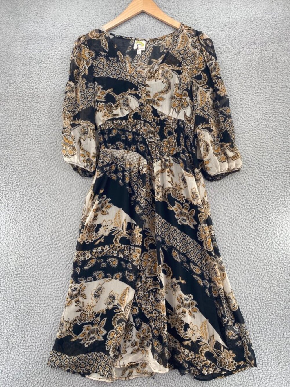 Fig & Flower Dress Women Medium Black Ivory Floral Blouson 3/4 Balloon Sleeves